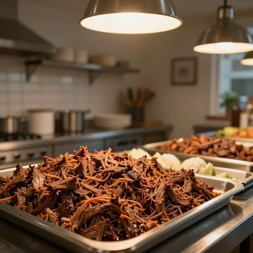 Slow cooked beef ready for catering assembly