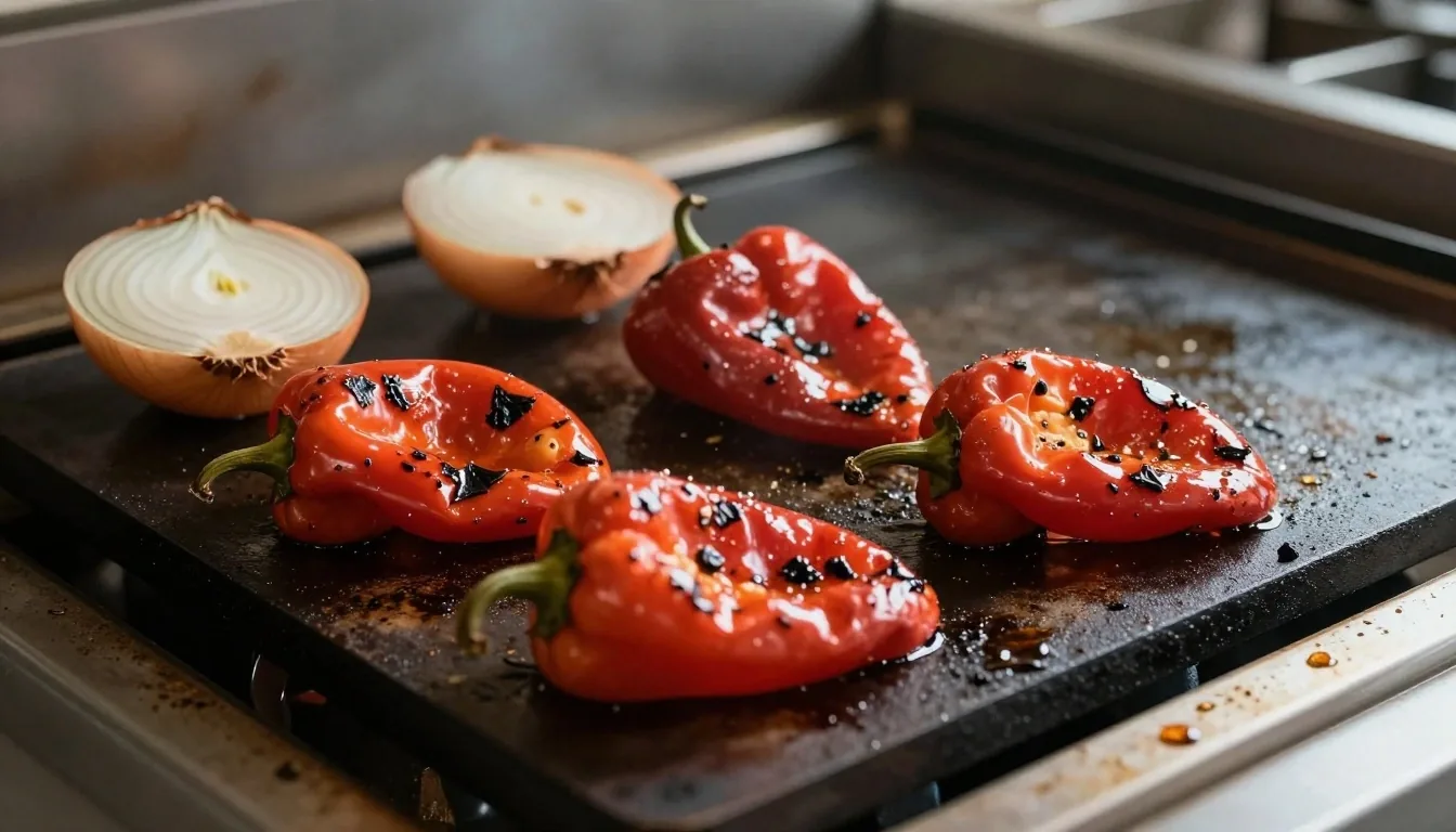 Fresh Mexican ingredients on commercial griddle in Sydney kitchen