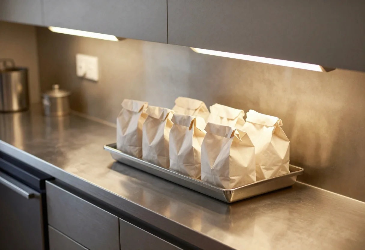 Guzman y Gomez food orders prepared for courier dispatch on stainless counter