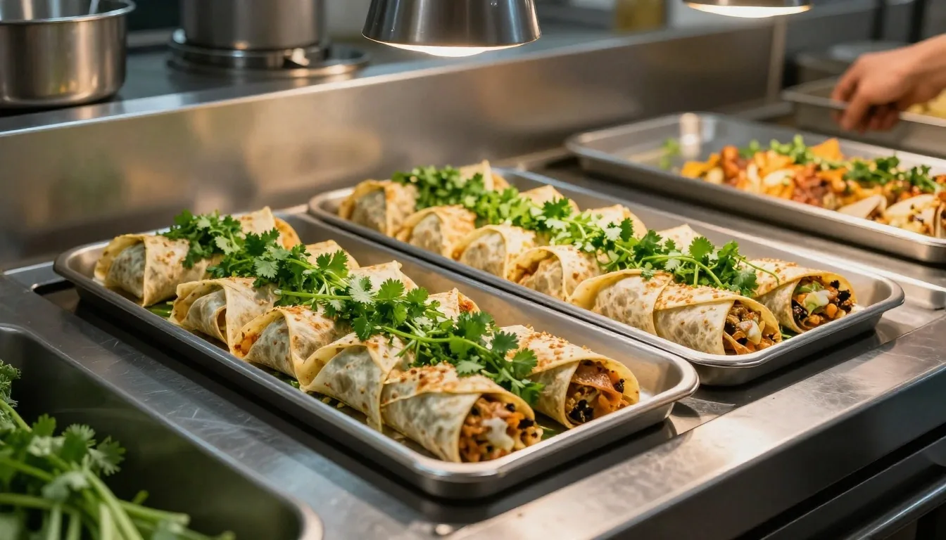 Freshly rolled burritos and loaded street tacos at the Sydney preparation pass